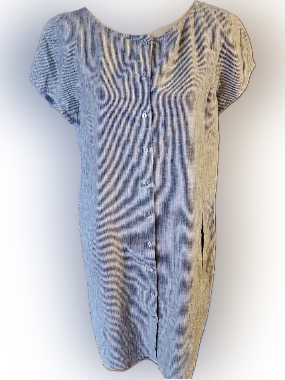 Eileen Fisher Hemp Organic Cotton Striped Button Front Shift Dress M Minimalist